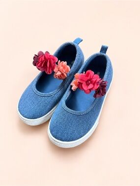 Carter's Blue Denim Slip-On Sneakers with Pink & Coral Flower Accents